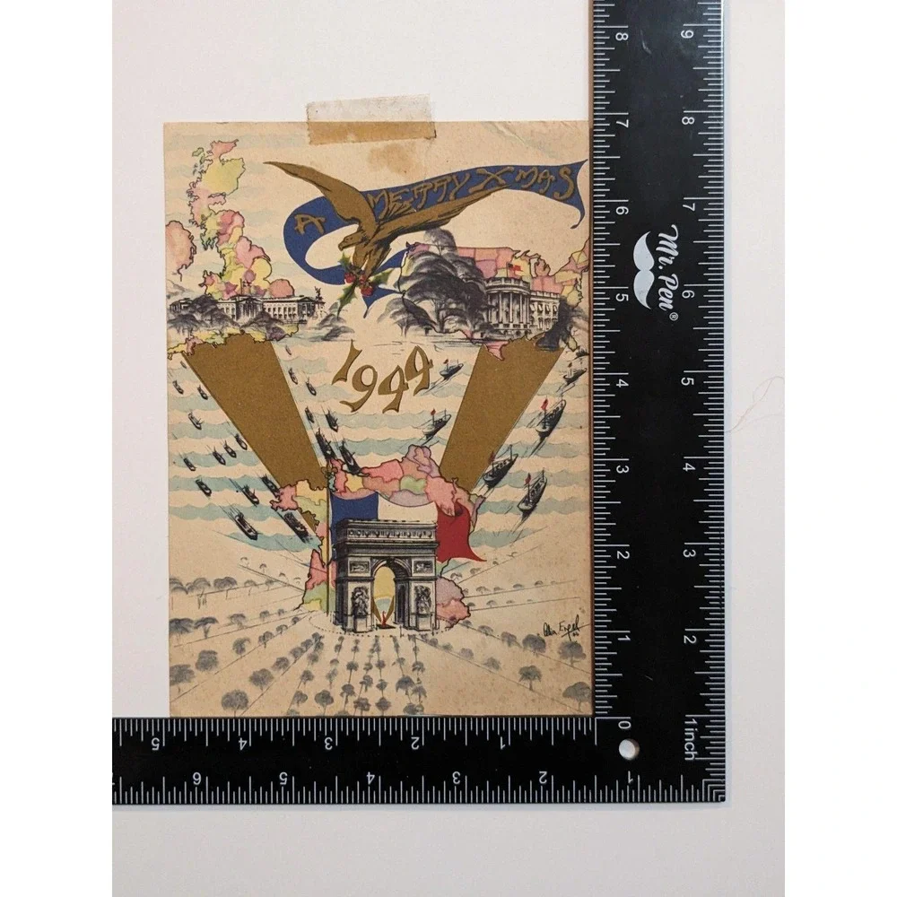 WWII 1944 Christmas Card by Celia Engel Arc de Triomphe Allied Invasion Art Note